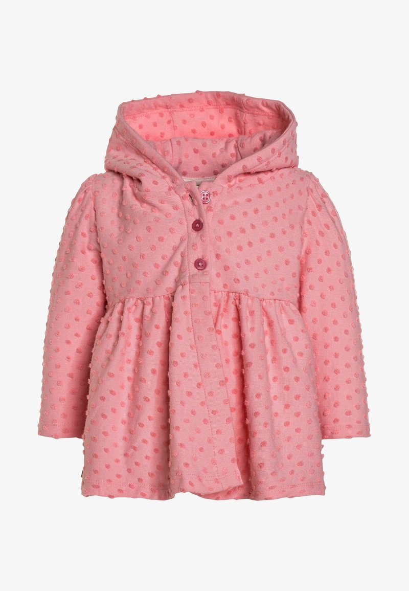Veste rose pâle pour tout-petit avec des pois texturés, capuche, manches longues, deux boutons sur le devant, et détail plissé à la taille.