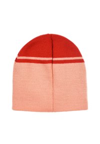 Knitted beanie with a rounded crown. Features a red top and soft pink lower section with two horizontal stripes in a lighter tone.