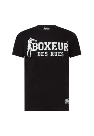 T-shirt in cotone nero con grafica testuale bianca "BOXEUR DES RUES" e una silhouette di pugile. Design con maniche corte e collo rotondo.