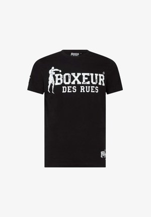 T-shirt in cotone nero con grafica testuale bianca "BOXEUR DES RUES" e una silhouette di pugile. Design con maniche corte e collo rotondo.