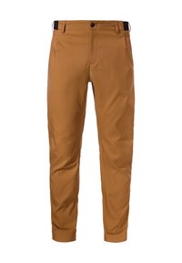 Braune Hosen aus glattem Stoff, mit schmaler Passform, Gürtelschlaufen, vorderen Taschen und einem klassischen Reißverschluss mit Knopfverschluss.