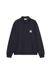 Sudadera de polo azul marino hecha de tejido suave, con una tapeta de tres botones, cuello acanalado y parche de logo en el pecho.