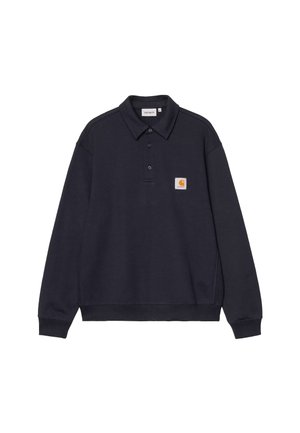 Sudadera de polo azul marino hecha de tejido suave, con una tapeta de tres botones, cuello acanalado y parche de logo en el pecho.