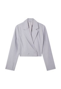 Blazer grigio chiaro tagliato con colletto a bavero, maniche lunghe, chiusura a doppio bottone e tessuto testurizzato. Design sartoriale, stile minimalista.