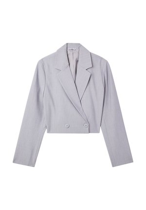 Blazer grigio chiaro tagliato con colletto a bavero, maniche lunghe, chiusura a doppio bottone e tessuto testurizzato. Design sartoriale, stile minimalista.