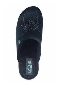 Black suede slipper with floral embroidery. Soft texture, open back design, and branded label. Minimalist style and lightweight construction.
