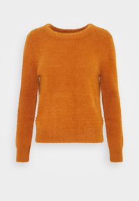Maglione a maniche lunghe in maglia morbida color arancio bruciato, con polsini, orlo e scollo rotondo a coste, su sfondo bianco.