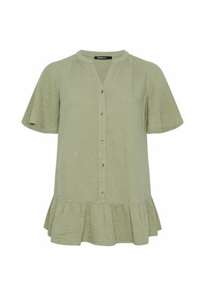 Lysegrøn kortærmet bluse med rund halsudskæring, knapper foran og rynket kant lavet af tekstureret stof.