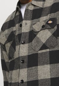 Schwarz-grau kariertes Flanellhemd mit zwei Brusttaschen, schwarzen Knöpfen und einem Markenlabel auf der linken Tasche. Weiche Textur.