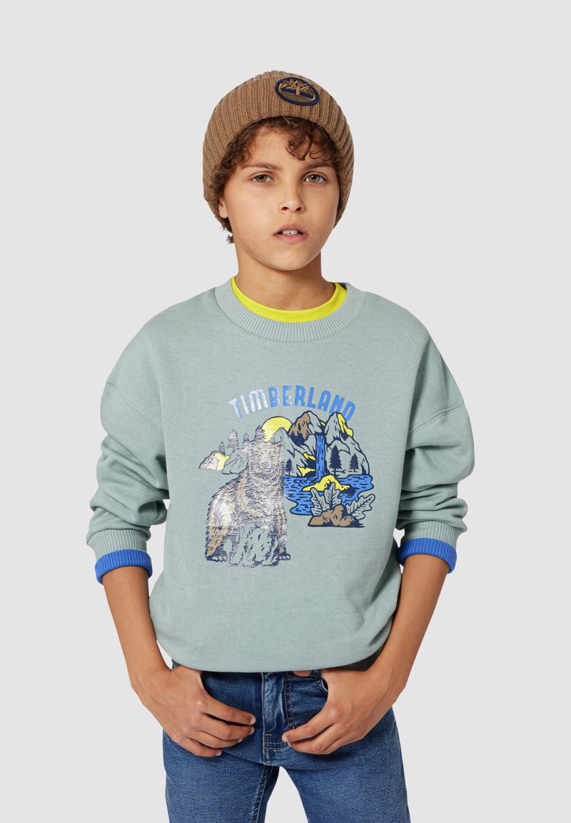 Felpa azzurra chiara con illustrazione di un orso e un paesaggio montano, con polsini a coste blu e colletto rotondo. Berretto marrone con logo.