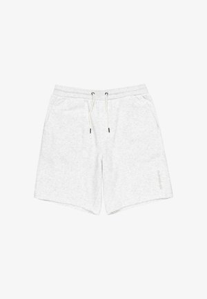 Hellgraue Baumwollshorts mit elastischem Bund, Kordelzug, seitlichen Taschen und einem dezenten Logo-Detail am unteren Bein.