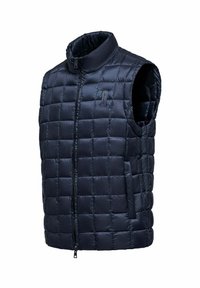 Gilet imbottito navy trapuntato con colletto alto, chiusura zip davanti e tasche laterali. Realizzato in materiale lucido e leggero; presenta un motivo a quadrati.