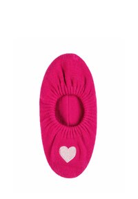 Calzino di cotone rosa a forma ovale, con parte superiore arricciata e un piccolo cuore bianco ricamato di lato. Texture morbida, senza cuciture visibili.