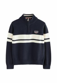 Dunkelblauer Strickpullover mit weißen horizontalen Streifen, halb durchgehender Reißverschluss am Kragen und einem kleinen Superdry-Logo-Patch auf der Brust.
