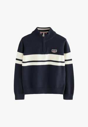 Tumši zils adījuma džemperis ar baltām horizontālām svītrām, ar puspiedurkņu apkakli un mazu Superdry logotipa uzšuvumu uz krūšu.