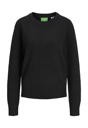 Zwart gebreid sweater met een ronde hals, lange mouwen en geribde manchetten en onderrand. Bevat een groene label aan de binnenkant. Zachte textuur.