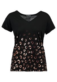 Černé tričko s krátkým rukávem a V-výstřihem, zdobené kovovým designem leopardího vzoru v růžově zlaté barvě na přední straně, vyrobené z měkké a lehké tkaniny.