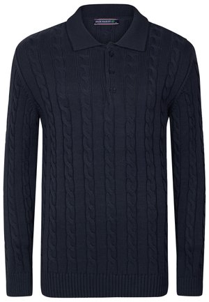 Jersey de punto azul marino con un patrón de trenzas, cierre de tres botones y puños y bajo acanalados. Hecho de un tejido texturizado para mayor calidez.