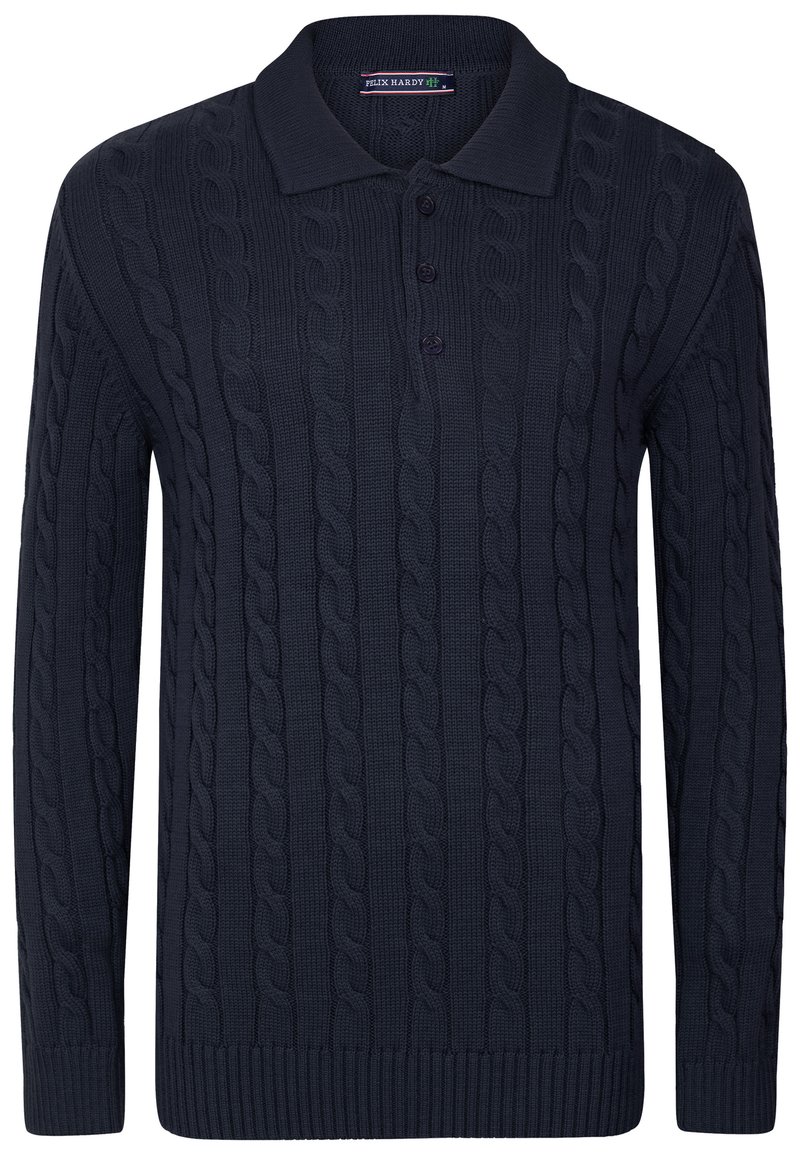 Tumedast sinine kootud pullover, millel on nööbiliist, kellestikandiga muster ja soonikkoes varrukad ning äär. Valmistatud tekstuursest kangast soojuse tagamiseks.