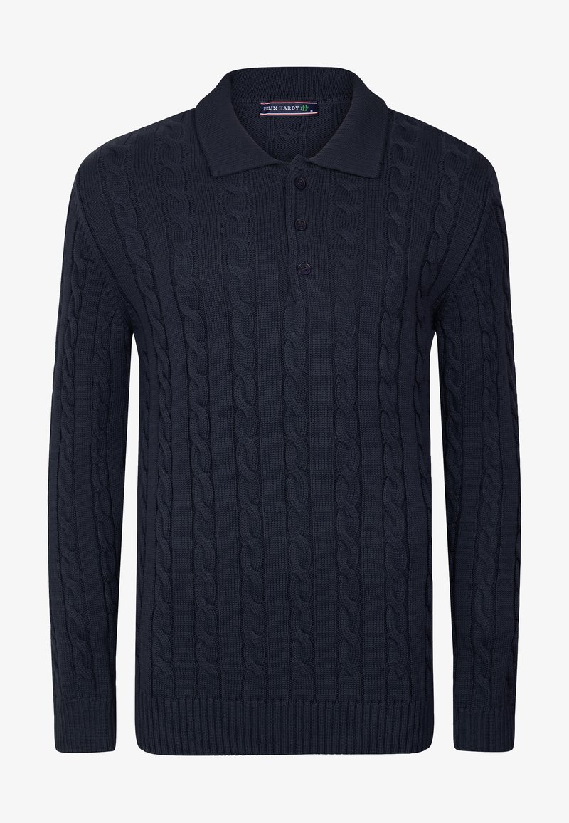 Granatowy sweter z dzianiny z wzorem w warkocze, z zapięciem na trzy guziki oraz ściągaczami przy mankietach i u dołu. Wykonany z teksturowanej tkaniny dla zapewnienia ciepła.