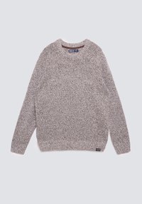 Pletený svetr s dlouhým rukávem v šedé a bílé melírované přízi s kulatým výstřihem, žebrovanými manžetami a lemem.