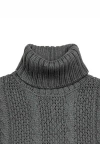 Maglione grigio a collo alto lavorato a maglia con un motivo a treccia testurizzato e collo alto a coste. Il tessuto appare morbido e spesso per garantire calore.