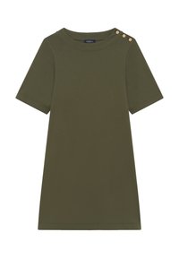 Oliwkowa sukienka T-shirt z miękkiej tkaniny, z okrągłym dekoltem i krótkimi rękawami, ozdobiona dekoracyjnymi złotymi guzikami na jednym ramieniu.