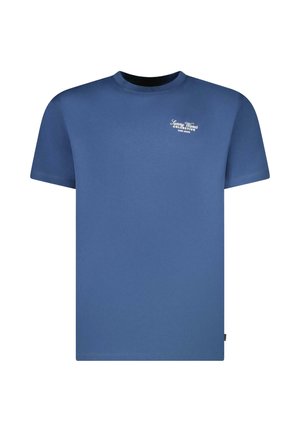 Effen blauw T-shirt met korte mouwen en ronde hals, voorzien van een klein wit "Sunny Waves Collective" tekstlogo op de linkerborst.