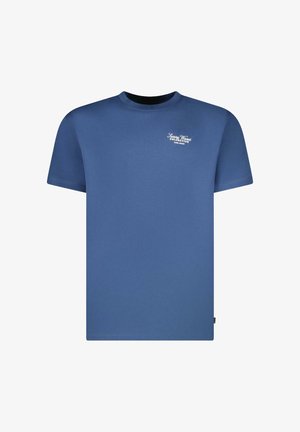 Effen blauw T-shirt met korte mouwen en ronde hals, voorzien van een klein wit "Sunny Waves Collective" tekstlogo op de linkerborst.