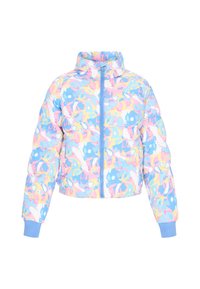 Padded cropped bunda v pastelových barvách s hravým abstraktním vzorem. Má modrý zip a žebrované manžety. Hladký, lesklý materiál.