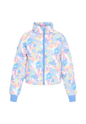 Pudret cropped jakke i pastelfarver, med et legende abstrakt mønster. Den har en blå lynlås og ribbede manchetter. Glat, shiny stof.