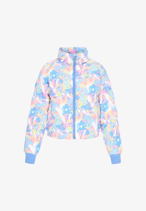 Pudret cropped jakke i pastelfarver, med et legende abstrakt mønster. Den har en blå lynlås og ribbede manchetter. Glat, shiny stof.