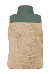 Sleeveless vest with beige sherpa fleece body, dark green quilted upper back, and light pink trim, shown from the back.