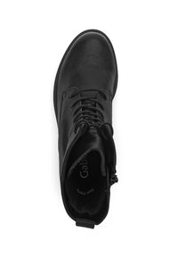 Black leather ankle boots with a rounded toe, lace-up front, and a soft interior. Includes a side zipper and textured material.