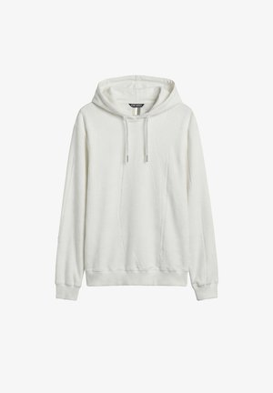 Witte lange mouwen capuchontrui met trekkoorden en geribbelde manchetten en zoom, getoond tegen een effen witte achtergrond.