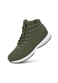 Baskets montantes en feutre vert avec une semelle en caoutchouc blanche, dotées de lacets ronds, d'un col rembourré et d'un logo sur la languette.