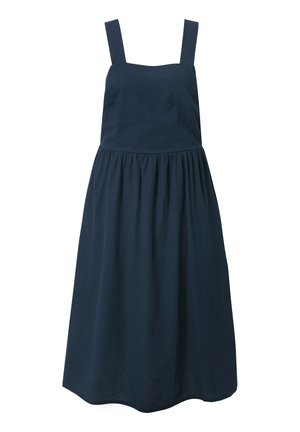 Robe bleu marine en tissu avec un décolleté carré et des bretelles larges, dotée d'une taille élastiquée et d'une jupe froncée.