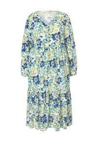 Abito floreale in cotone con scollatura a V, maniche lunghe e orlo arricciato. Presenta motivi floreali blu, gialli e verdi su uno sfondo chiaro.