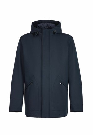 Marineblaue Kapuzenjacke mit vorderem Reißverschluss, der durch eine Blende verdeckt ist, zwei seitlichen Reißverschlusstaschen und verstellbaren Kordeln an der Kapuze.