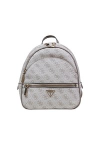 Beige patterned backpack with a rounded shape, featuring a front zip pocket and logo detail. Constructed from textured fabric with gold hardware.
