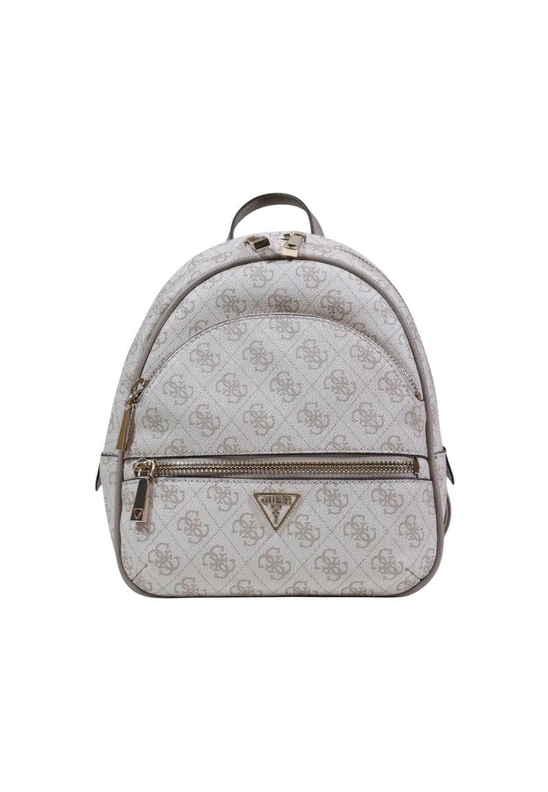 Beige patterned backpack with a rounded shape, featuring a front zip pocket and logo detail. Constructed from textured fabric with gold hardware.