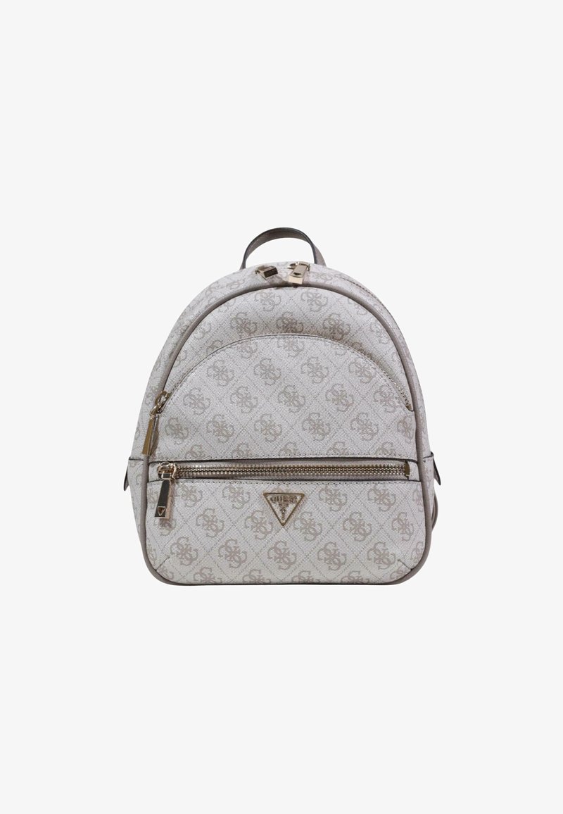 Beige patterned backpack with a rounded shape, featuring a front zip pocket and logo detail. Constructed from textured fabric with gold hardware.