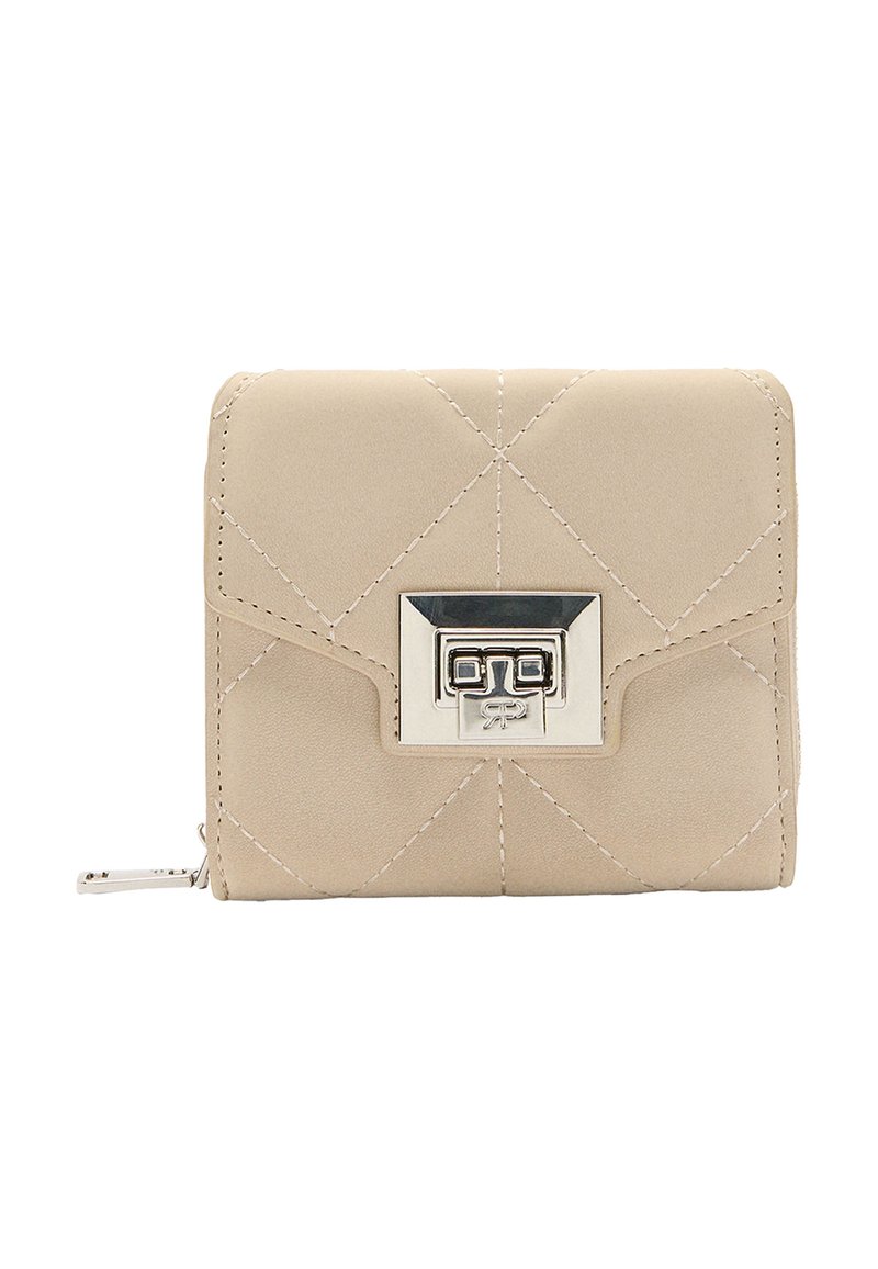 Beżowy pikowany portfel z srebrnymi akcentami, z prostokątnym zapięciem, detalami przeszycia i zamkiem błyskawicznym. Kompaktowy prostokątny kształt.
