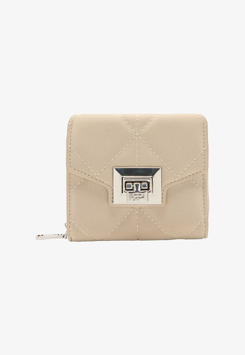 Beżowy pikowany portfel z srebrnymi akcentami, z prostokątnym zapięciem, detalami przeszycia i zamkiem błyskawicznym. Kompaktowy prostokątny kształt.