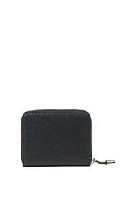 Portafoglio in pelle nera con finitura testurizzata, forma rettangolare, chiusura a zip e hardware dorato. Design compatto adatto per gli essenziali.