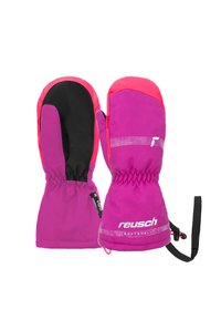 Reusch-Handschuhe in leuchtendem Pink und Schwarz, mit einem strukturierten Außenmaterial, elastischem Handgelenk und einem Logo mit einem gepunkteten Akzentmuster.