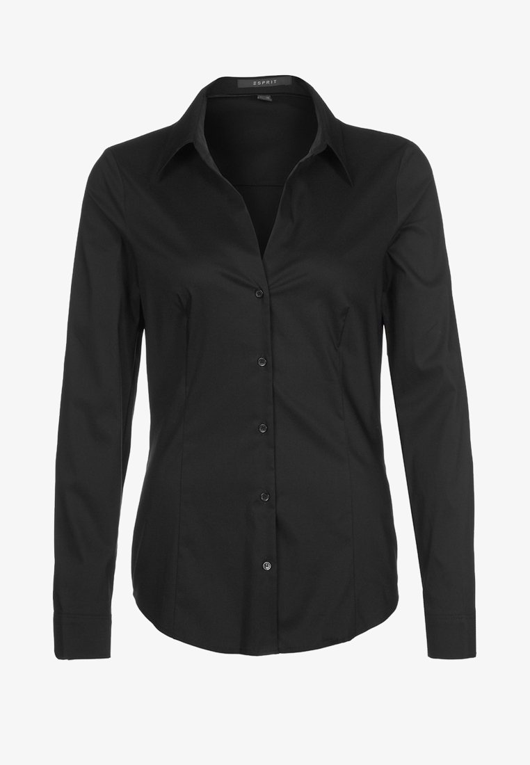 Chemise noire pour femme à manches longues, boutonnée, avec col, coupe cintrée et tissu lisse.