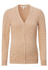 Cardigan beige con scollo a V, maniche lunghe e motivo a maglia decorativo. Presenta una chiusura frontale con bottoni e una texture liscia.