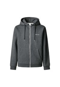 Sudadera gris con cremallera hecha de tela suave, que cuenta con capucha con cordón, dos bolsillos frontales, puños acanalados y un pequeño logo en el pecho.