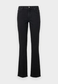 Svarta utsvängda jeans i denim. Har midja som sitter tajt och något fransade fållar. Klassisk fem-fickorsdesign med knäppning framtill.